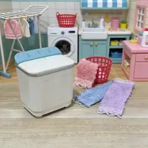 1 12 미니어처 세탁실 장면 소품 미니 세탁기 수건 세탁 바구니 모델