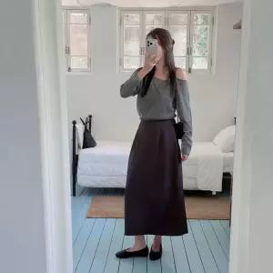 TE 슬릿 치마 H라인 체형커버 무지 단정 미시 가을 오피스 롱스커트 여성 먹색 블랙