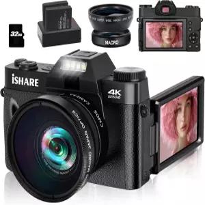 사진 촬영용 ISHARE 4K 디지털 카메라 WiFi가 탑재된 유튜브용 56MP 브이로그 3인치 180도 플립 스크린