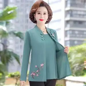 블라우스 단색 니트 캐주얼 루즈핏 뜨게 페이크 투피스 어머니 중년 긴팔 자수 셔츠 상의 가 