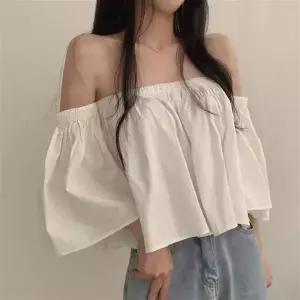 여성 오프숄더 블라우스 쉬폰 소재 반팔 프렌치 스타일 여름 데일리 탑 