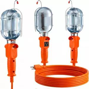 금속 가드가 있는 75W 트러블 라이트 25피트 16 AWG 연장 코드 콘센트가 달린 걸이형 작업등 온/오프