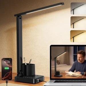 코주 LED 데스크 램프 USB A/C AC 펜 홀더 기숙사용 홈 오피스 조명 블랙 콘센트 있는 조절 가능한 라이트