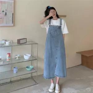 매력적인 언발 트임 멜빵 데님 원피스 dm-sk