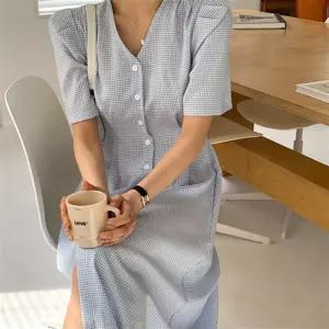 브이넥 체크 퍼프소매 원피스 여름 데일리 롱핏