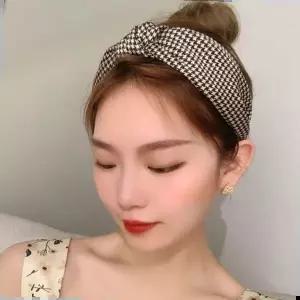 하운드체크 넓은 머리띠 린넨 헤어밴드 꼬임 터번