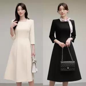 ~XXL까지 베노이 스퀘어넥 7부소매 플레어 원피스 봄 가을 하객룩 데이트룩 모임룩 미시룩 빅사이즈1397892