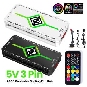 ARGB 팬 허브 SATA 전원 1대9 3 in 1 5V 3핀 컨트롤러 쿨링 4핀 PWM 마그네틱 흡착 컴퓨터 PC 케이스 팬용