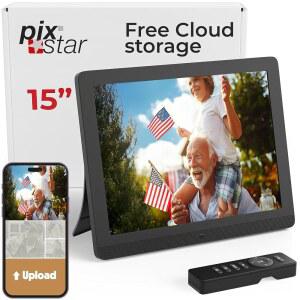 PixStar 15인치 대형 디지털 프레임 WiFi 무제한 클라우드 이메일 또는 앱으로 동영상과 사진 공유 센서