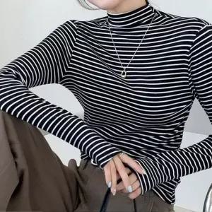 티셔츠 맨투맨 여성 스트라이프 반목티 기모 터틀넥 폴라