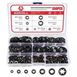 AOKOLL 350PCS 내치형 스타 락 와셔 푸시 너트 어셈블리 프레스 온 고정 키트 블랙