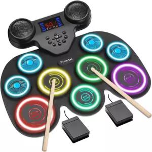 7가지 색상의 다이내믹 LED 조명이 있는 전기 드럼 세트 9패드 전자 블루투스 MIDI 지원 더 좋은 반발력을
