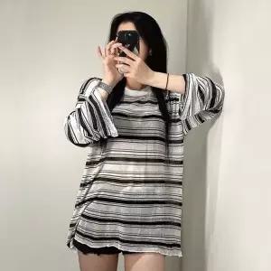 여성 여름 시스루 스트라이프 티 긴팔 티셔츠 2color