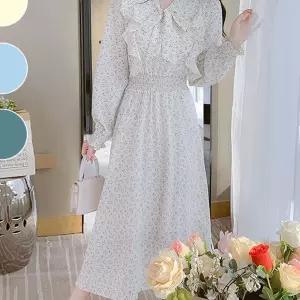 꽃무늬 긴팔 롱 드레스 밴딩 프릴 러플 봄가을 원피스 44-55 423F9