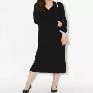 여성 4컬러 카라 배색 루즈핏 니트 긴팔 롱원피스