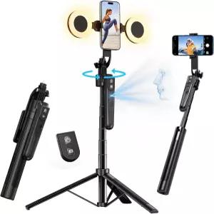 yAyusi 70.9인치 자동 얼굴 추적 셀피 스틱 삼각대 라이트 포함 앱 불필요 360° 회전 가능 리모컨으로