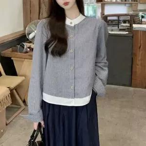 [하프클럽/알티피아]여성 블라우스 긴팔 클래식핏 시어서커 캐주얼 와이셔츠 차이나카라 스트라이프 흰색