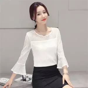 여자 여름 레이스 시스루 칠부 나팔 소매 블라우스