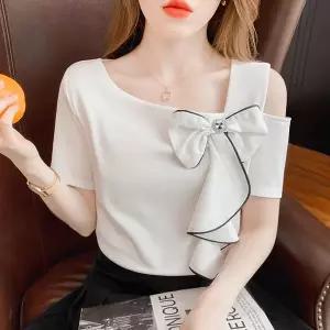 여성 여름 오프숄더 반팔 빅 사이즈 날씬해 보이는 리본 블라우스 LN3405
