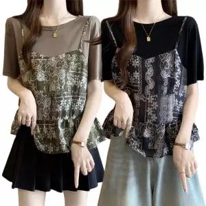 [1+1][단품] 반팔티 반팔 블라우스 프린트 캐미솔 레이어드 루즈핏 데일리 캐주얼 여성 티셔츠	GIF515	20 /