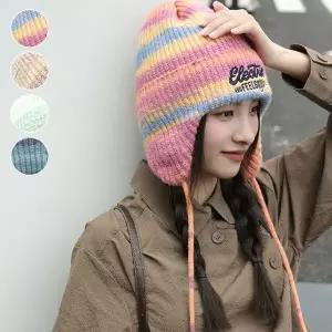 여성 겨울모자 예쁜컬러 레인보우 니트 귀달이 비니
