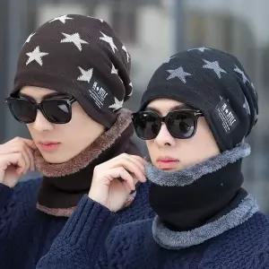 남자 겨울모자 별무늬 융털기모 넥워머 비니세트