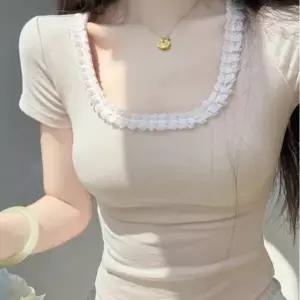 레이스 U넥 캡소매 슬립핏 파스텔 크롭 반팔티