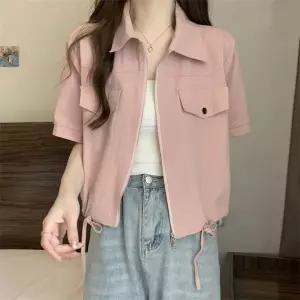 여름 여성용 루즈핏 카고 포켓 숏 셔츠 지퍼 반팔 티셔츠 캐주얼 패션 데일리룩 스트랩 칼라넥 반팔 가디건
