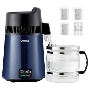 VEVOR 워터 증류기, 6L/1.6갤런 증류수 제조기 스틸 및 2층 네이비 가정용 카라페 304 900W 타이머, 0 99시간 포함, 카운터탑, 색상 시간 표시, 스테인리스 유리 온도
