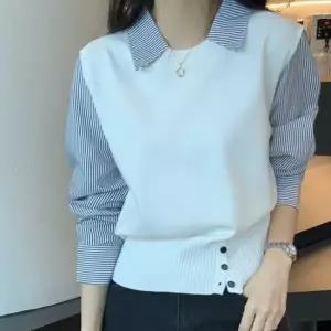 친절한탄씨 데일리 여성 오피스룩 스트라이프 페이크 레이어드 배색 셔츠 니트 긴팔 남방 셔프