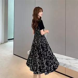 데이트룩 플라워 패턴 블랙 원피스 허리라인 미디 여자 여름 데일리룩 SS-265