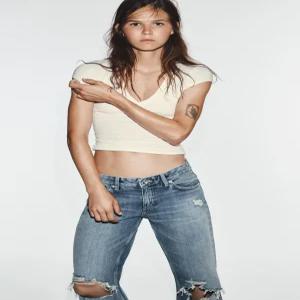 ZARA 자라 TRF 미드라이즈 디스트로이드 플레어 청바지 블루 8727 218 400