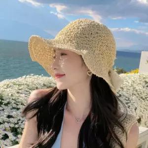 여흠 휴가 휴양지 여성 밀짚 모양 리본 버킷햇 모자