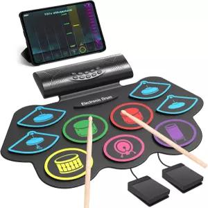 Momkhx 9 패드 전자 드럼 세트 롤업형 휴대용 키트 MIDI 블루투스 지원 내장 스피커 헤드폰/블루투스 들과
