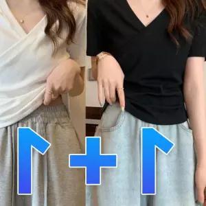 여성 브이넥 반팔티 셔링 스판 랩 무지 티셔츠 44-55 이너티 91695