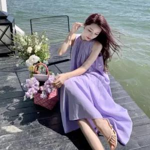 여자 퍼플 에시드 SS 넥셔링 트립 슬리브리스 원피스