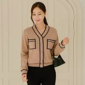 여성 가을 겨울 배색 브이넥 빅사이즈 니트 가디건 하객 오피스룩
