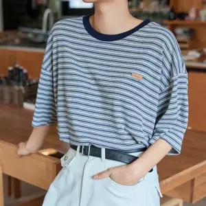 스트라이프 반팔 티셔츠 루즈핏 라운드넥 여성 빅사이즈