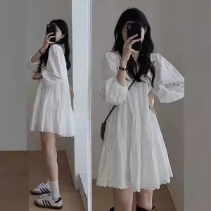화이트 퍼프소매 셔츠 원피스 여성 긴팔 루즈핏 롱원피스