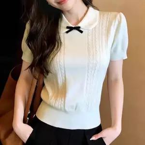 카메온 소프트 리본 카라 반팔 니트티_F5039