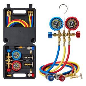 WISSCOOL HVAC 매니폴드 게이지 세트 3밸브 R134A R22 R12 R502용 | 뒤쪽 걸이 후크가 있는 AC 세트 5피트 호스 3개 퀵 커플러 냉매 충전용 탭이 가능한 어댑터 포함