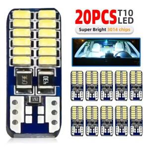 20개 T10 W5W LED 캔버스 3014 24SMD 오류 없음 194 168 자동차 실내 계기판 전구 램프 12v 범용 백색 6000