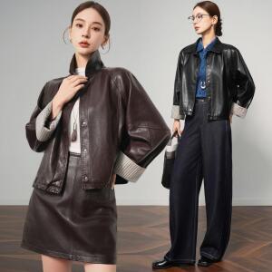 M2 여성 캐주얼 리얼 가죽 재킷 쇼트 가을 가벼운 터틀넥 양가죽 코트 JEN