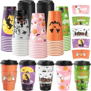 CUPLOOV 일회용 할로윈 커피컵 뚜껑 및 소매 포함 25개입 6oz 종이 재질 호박 유령 마녀 성 디자인 뜨거운