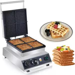 110V 상업용 사각 와플 메이커 4pcs 논스틱 전기 1800W 스테인리스 스틸 벨기에 머신 스낵바 가정용