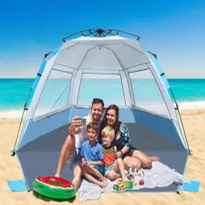 ABCCAMPING 비치 텐트가 46인용 자외선 차단 확장 바닥 3 메시 롤업 창문에 캐리백 샌드백 스테이크스(스