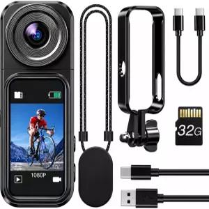 32GB 카드가 장착된 BOBLOV 미니 바디 카메라 터치스크린 및 회전 가 손가락 의 웨어러블 핸즈프리 녹화용
