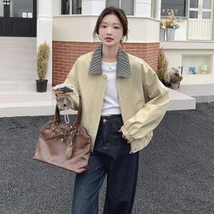 엘럽 여성 카키 체크 무늬 옷깃 작업복 짧은 코트 봄 가을 복고풍 재킷 탑 원템