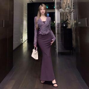 EAMT 여성 레이스 톱 머메이드 스커트 투피스 작은 세트 초봄가을 EUNG
