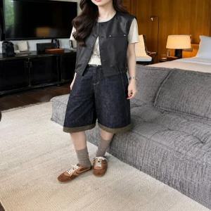 여성 루즈핏 쇼트 인조가죽 버튼 베스트 아우터
